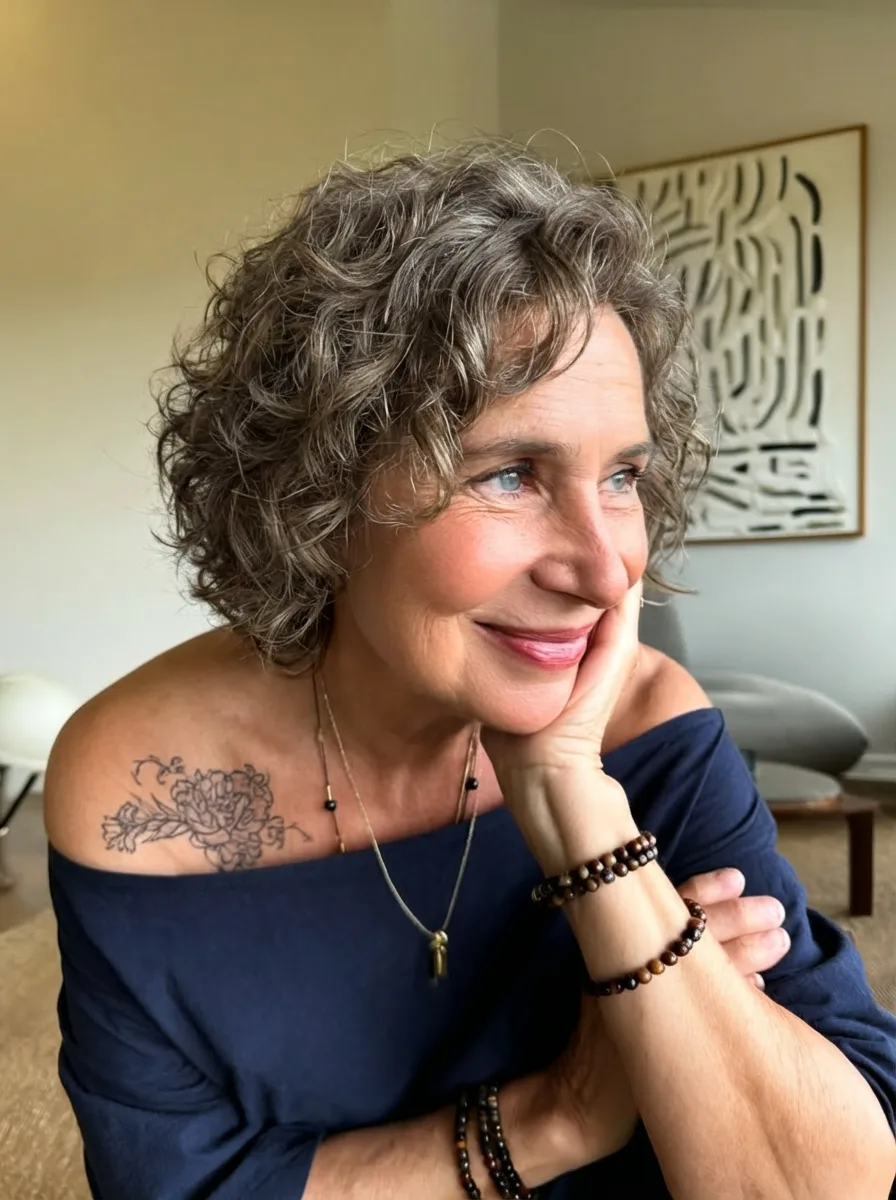 Medium-Volume Silver Brunette Curly Bob with Wispy Bangs